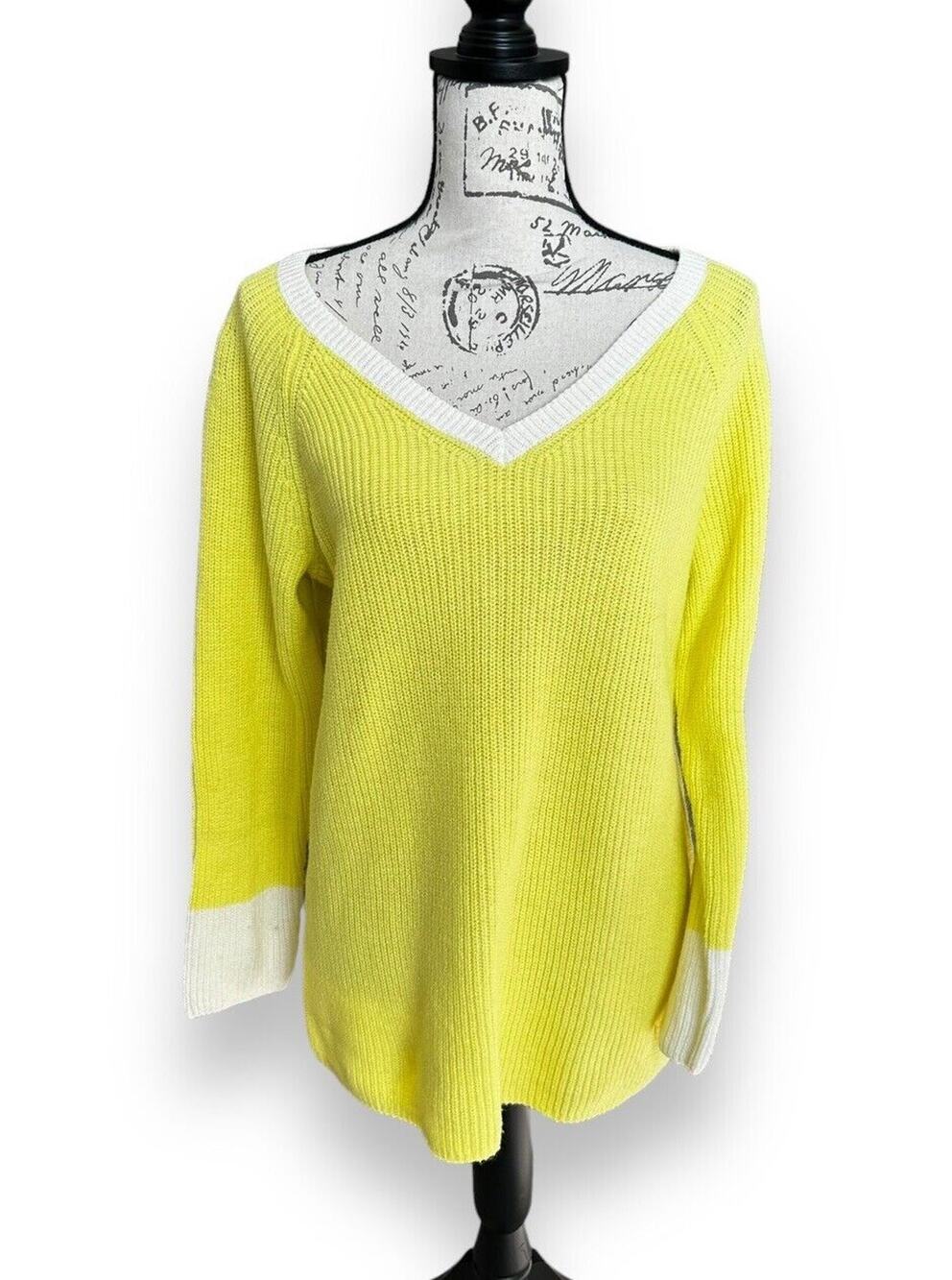 New Talbots Women Plus Rib Knit Long Sleeve V-Neck Sweater Yellow White 0X
